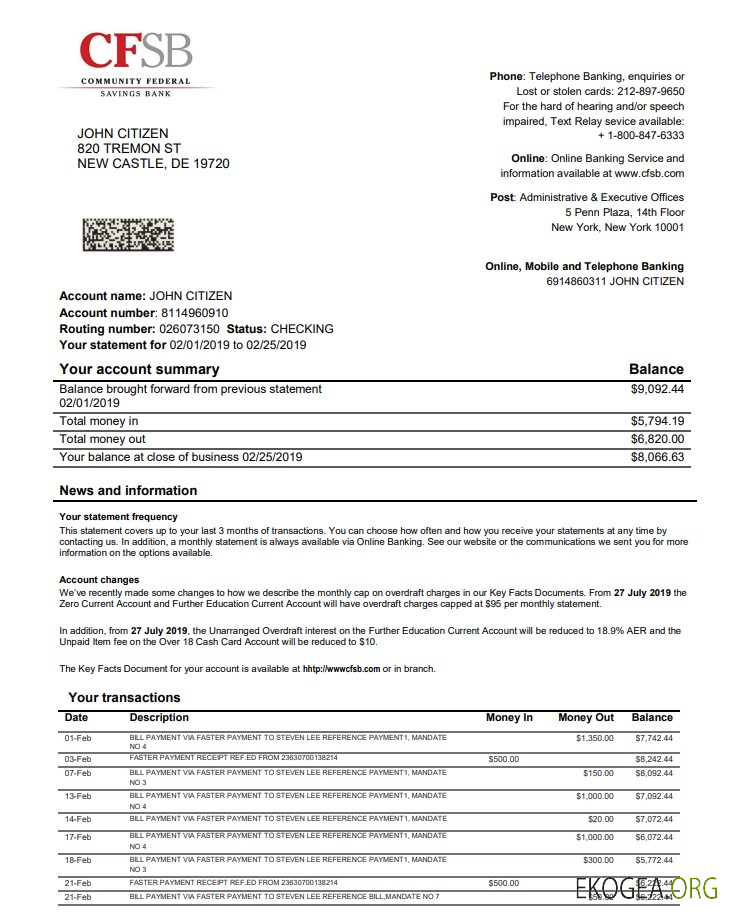 États Unis New York Relevé bancaire du CFSB